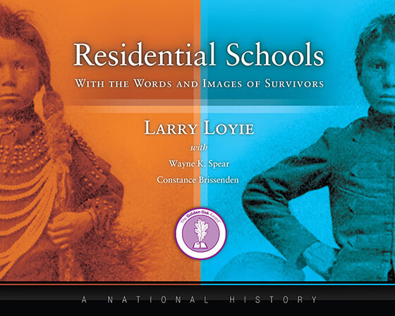 An Indigenous child is depicted. On the left, they are wearing traditional Indigenous clothing and accessories. On the right, they are wearing a collared shirt, worn at residential schools. The cover says "Residential Schools, With the Words and Images of Survivors" and the text at the bottom of the books reads "A National History."